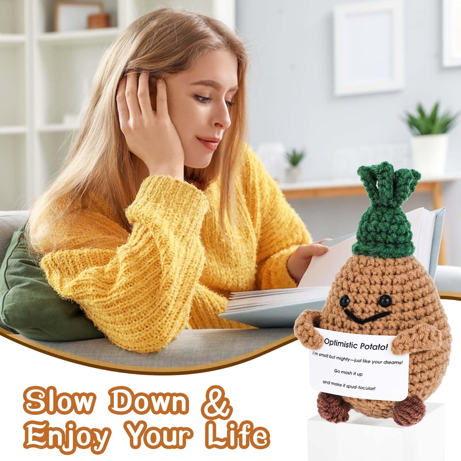 Vspek Pocket Hug Positive Strickwolle Kartoffel, Kreative Emotionalen Unterstützung Puppe mit Karte und Schlüsselanhänger, Feiertage Mutmacher