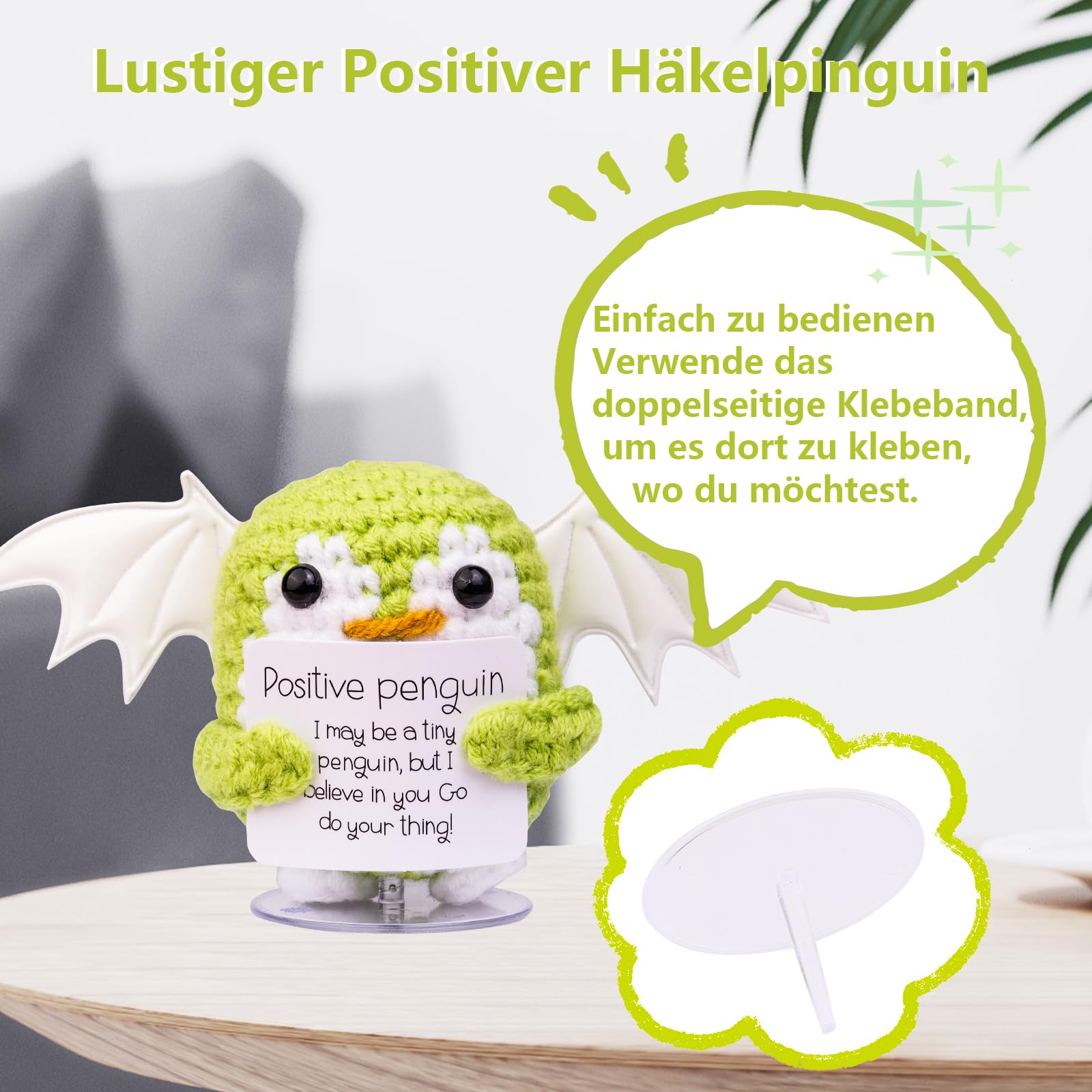Mwmoeen Pocket Hug Positive Pinguin, Kreative Strickwolle Engelpinguin Mit Flügeln, Positiver Energiekarte, Transparente Basis, Glückliches Geschenk