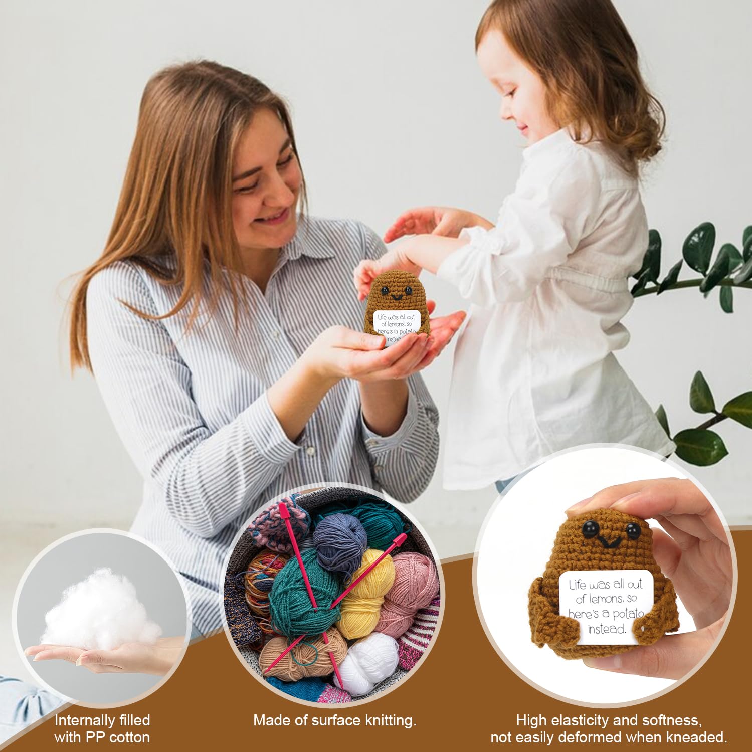 Positive Kartoffel Puppe, Pocket Hug Mini Potato, Kreative Strickwolle Kartoffel-Häkelpuppe mit Aufmunterung Karte, Geschenk für Frauen Freundin