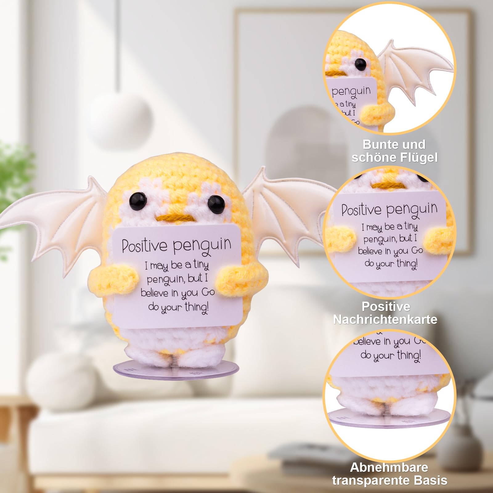 Mwmoeen Pocket Hug Positive Pinguin, Kreative Strickwolle Engelpinguin Mit Flügeln, Positiver Energiekarte, Transparente Basis, Glückliches Geschenk