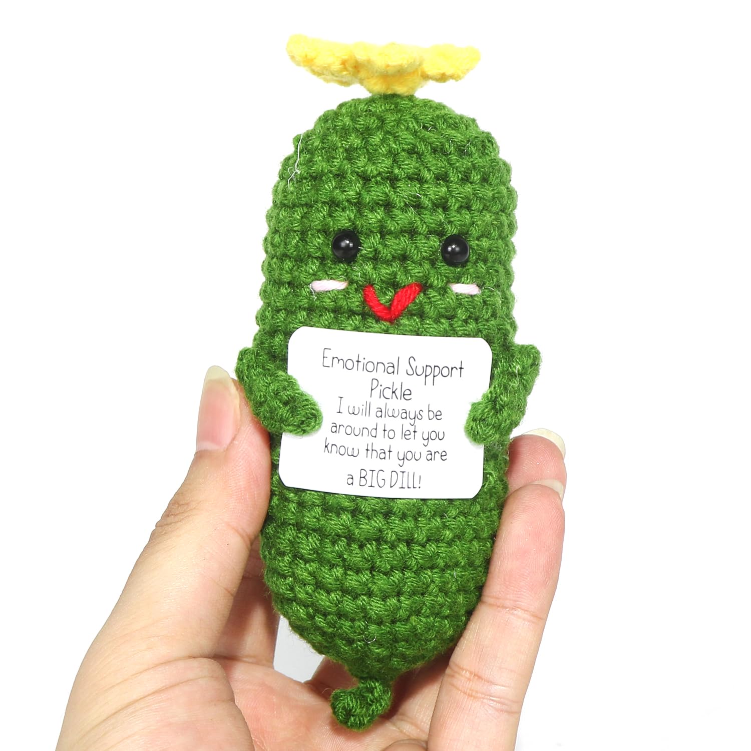 Positive Gurken Puppe, Pocket Hug Mini Plush, Saure Gurken Spielzeug mit Aufmunterung Karte, Kreative Strickwolle Pickle-Häkelpuppe, Geschenk