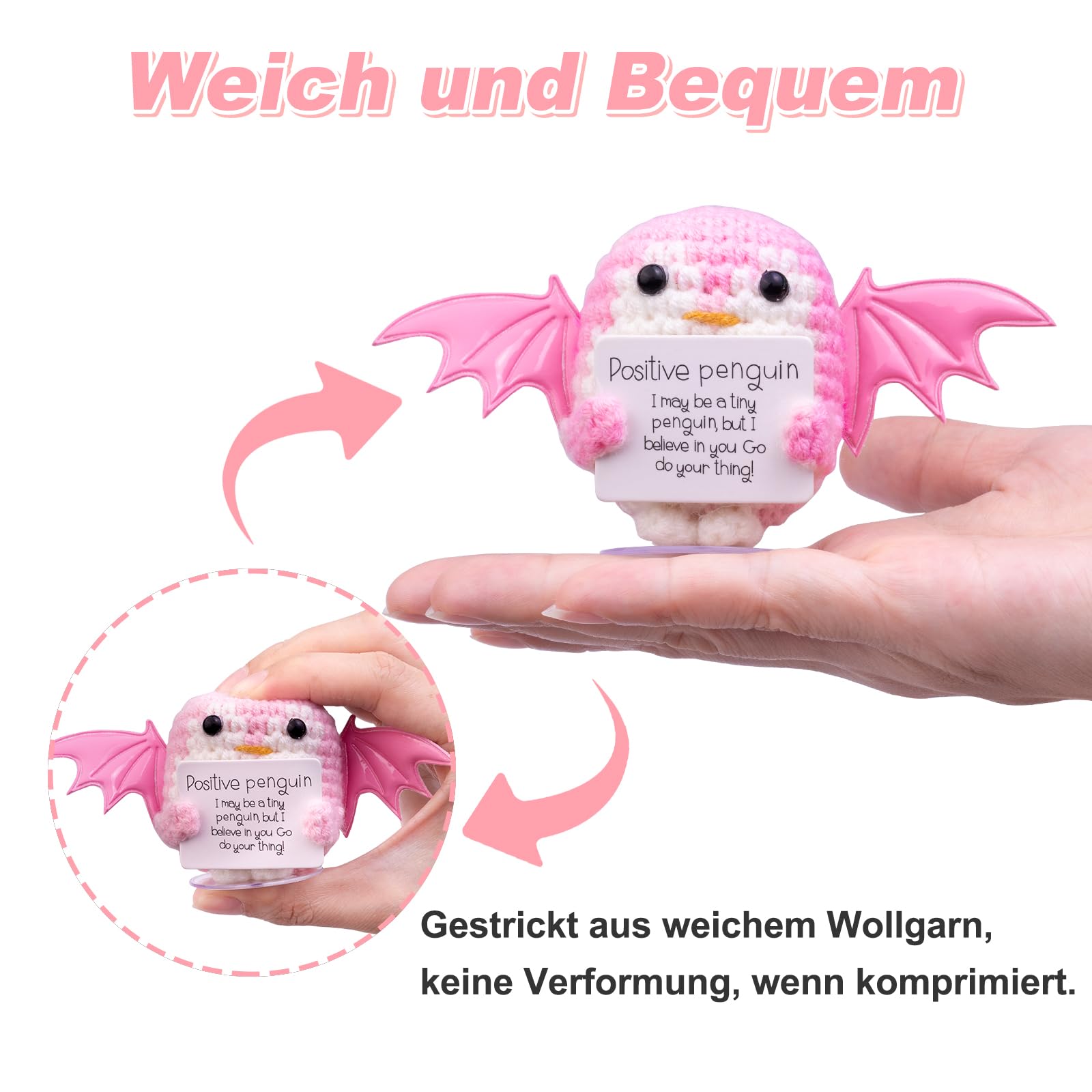 Mwmoeen Pocket Hug Positive Pinguin, Kreative Strickwolle Engelpinguin Mit Flügeln, Positiver Energiekarte, Transparente Basis, Glückliches Geschenk