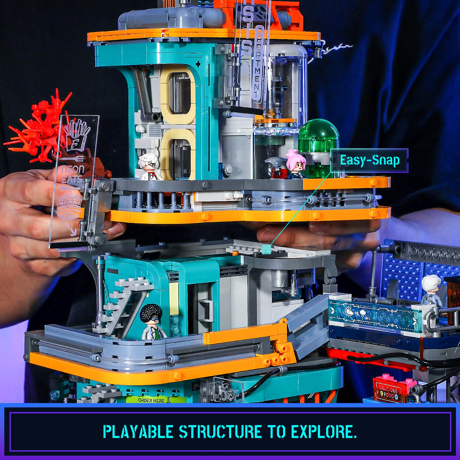 FUNWHOLE Cyberpunk-Villa, beleuchtetes Baustein-Set mit 2524 Teilen, Sci-Fi Modulgebäude & Ausstellungsstück für Erwachsene
