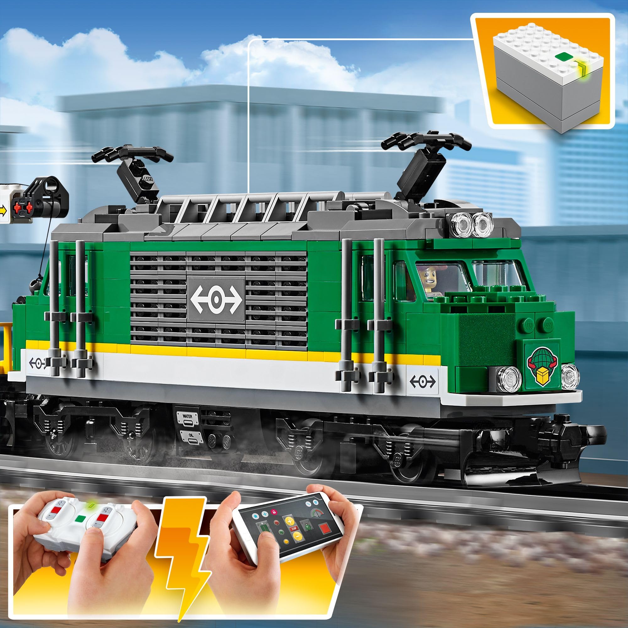 LEGO City Güterzug 60198, Zug-Set mit Lok, Gabelstapler, 32 Gleisen, Signalen & 6 Minifiguren, Spielzeug ab 6 J