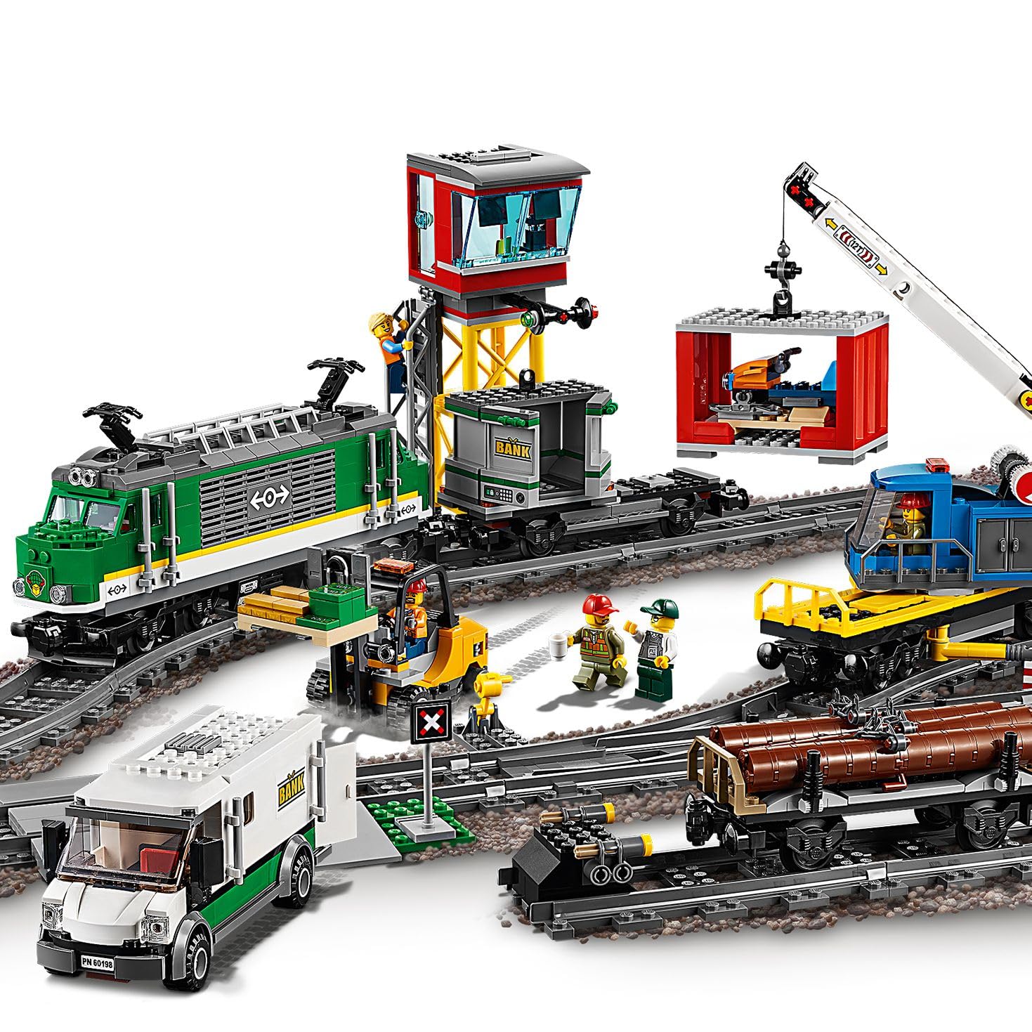 LEGO City Güterzug 60198, Zug-Set mit Lok, Gabelstapler, 32 Gleisen, Signalen & 6 Minifiguren, Spielzeug ab 6 J