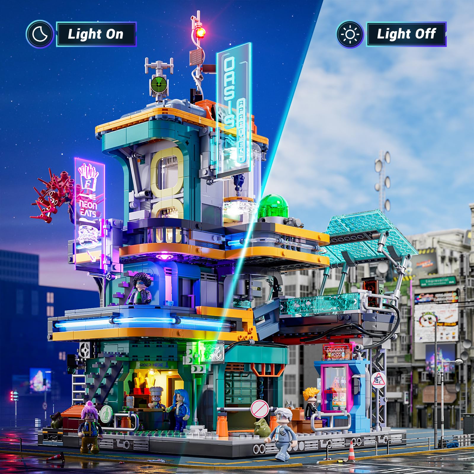 FUNWHOLE Cyberpunk-Villa, beleuchtetes Baustein-Set mit 2524 Teilen, Sci-Fi Modulgebäude & Ausstellungsstück für Erwachsene
