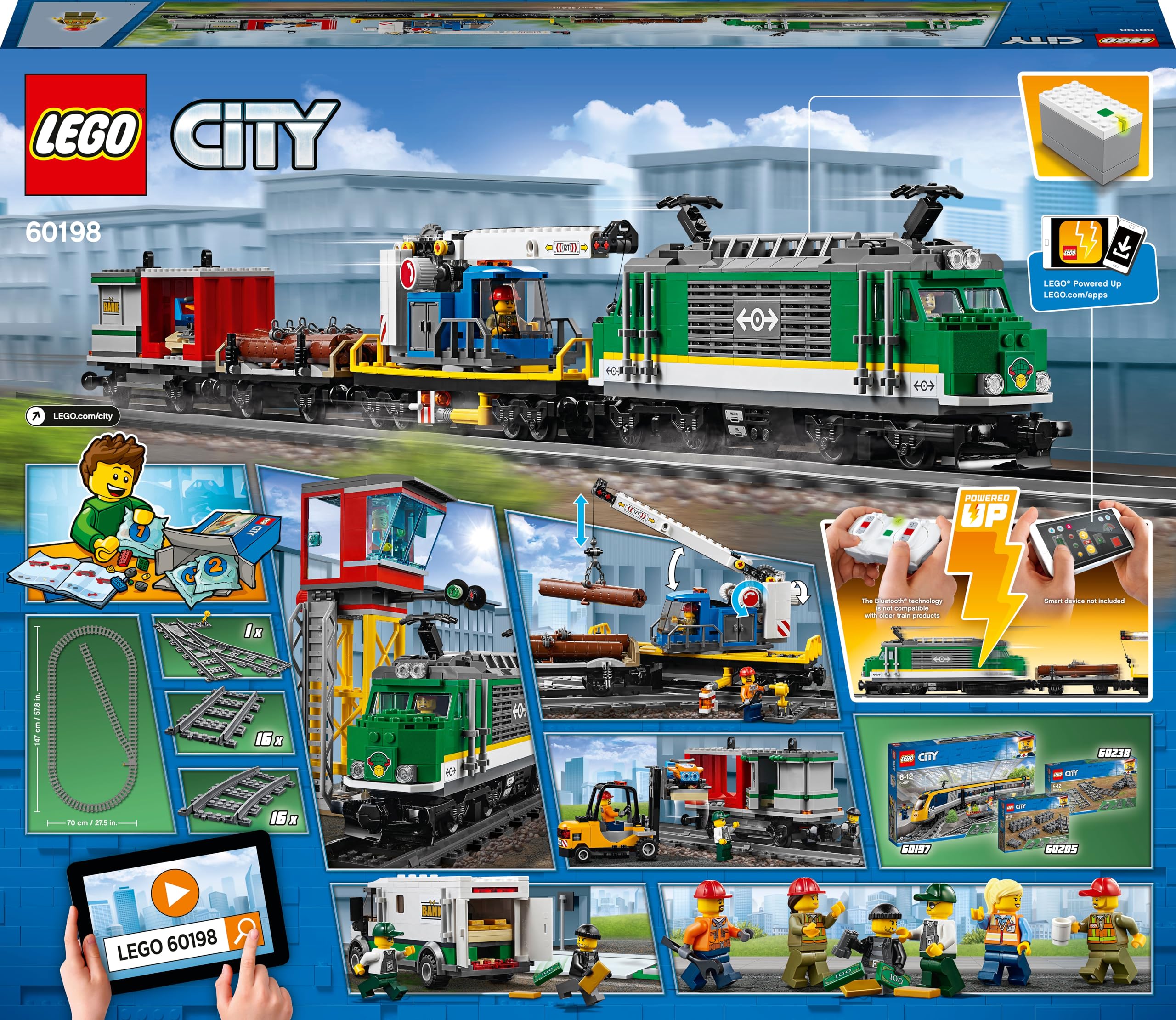 LEGO City Güterzug 60198, Zug-Set mit Lok, Gabelstapler, 32 Gleisen, Signalen & 6 Minifiguren, Spielzeug ab 6 J
