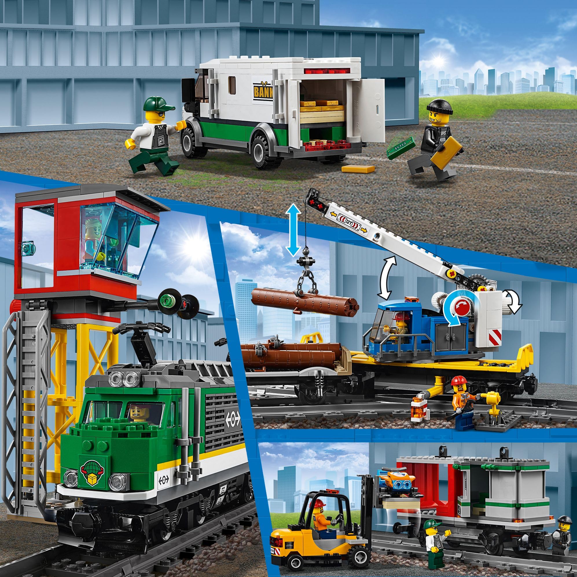 LEGO City Güterzug 60198, Zug-Set mit Lok, Gabelstapler, 32 Gleisen, Signalen & 6 Minifiguren, Spielzeug ab 6 J